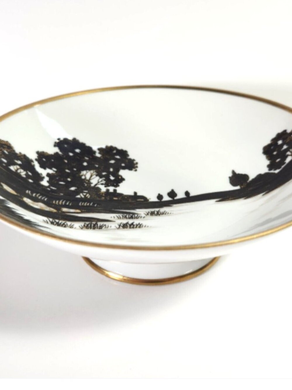 Antique 1911 Nippon Bowl Morimura Black Silhouette Landscape Gold Handled Dish